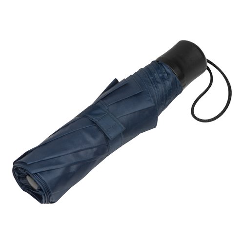 Paraguas de bolsillo azul oscuro RPET con correa de mano.
