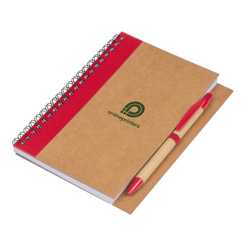 Bloc de notas rojo con espiral.