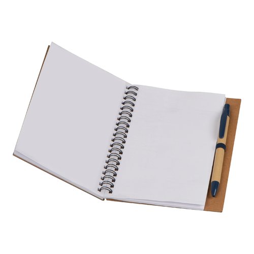 Cuaderno azul oscuro con encuadernacin en espiral y soporte para bolgrafo.