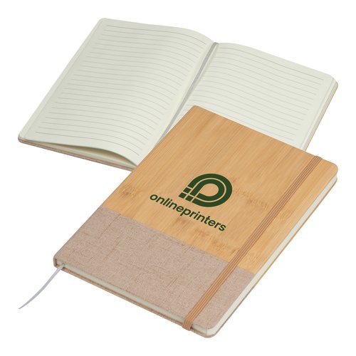 Cuaderno de bamb beige con marcapginas y goma elstica.