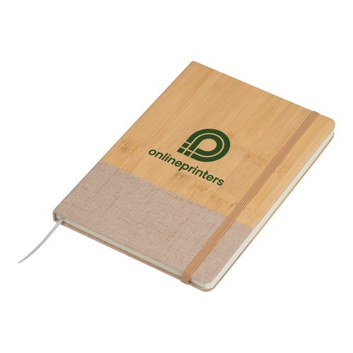 Libreta beige con cubierta de bamb y cierre elstico.