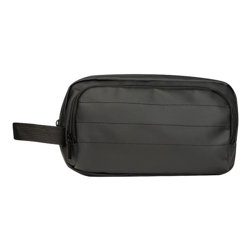 Neceser negro con cremallera y asa de transporte.
