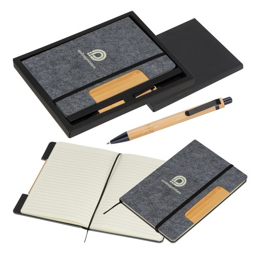 Set de cuaderno de fieltro gris plateado con bolgrafo y caja de regalo.