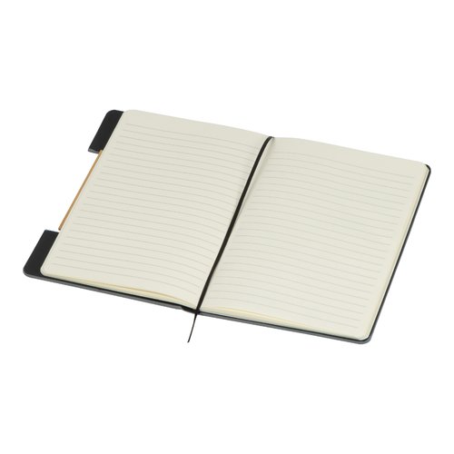 Cuaderno gris plateado con goma elstica y bolsillo.