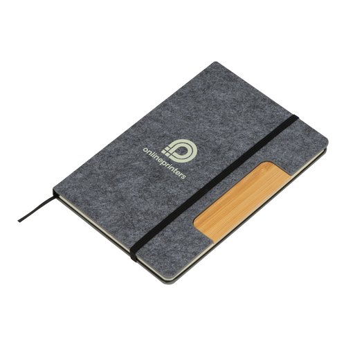 Cuaderno gris plateado con cubierta de fieltro, goma elstica y detalle de bamb.