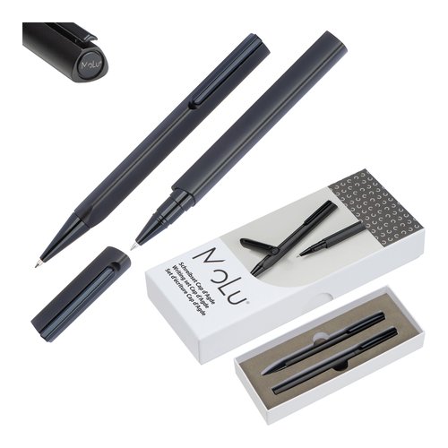 Juego de escritura negro con bolgrafo y roller en estuche de regalo.