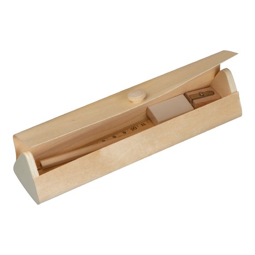 Set de escritura de madera beige con lpiz, regla, sacapuntas y goma de borrar.
