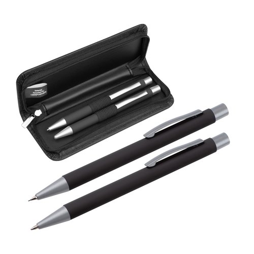 Juego de escritura negro con bolgrafo y estuche.