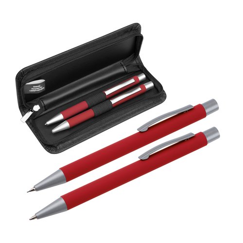Set de escritura rojo con bolgrafo y estuche.