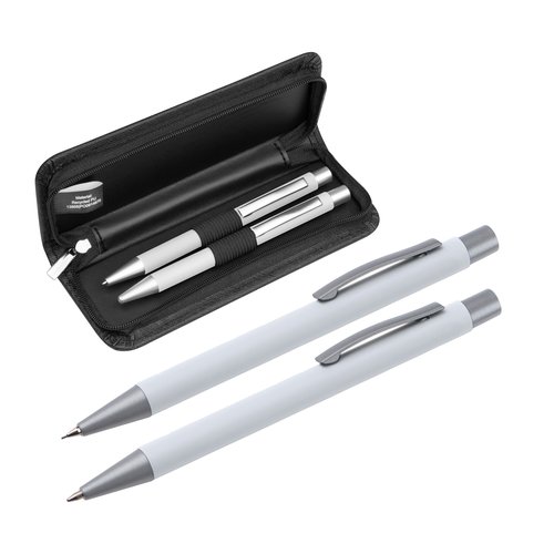 Set de escritura blanco con bolgrafo y estuche.