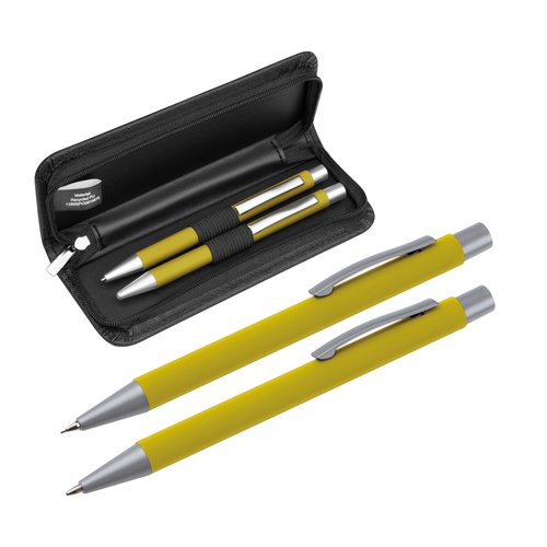 Set de escritura amarillo con bolgrafo y estuche.