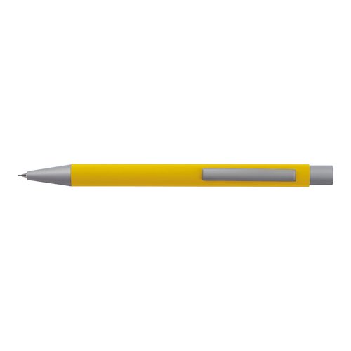 Set de escritura amarillo con un bolgrafo y un estuche.