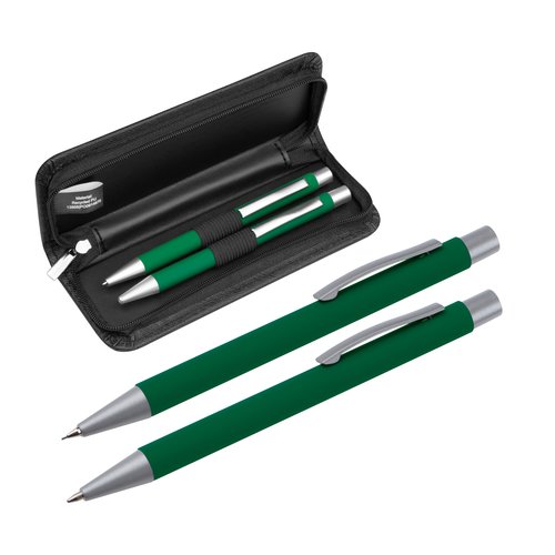 Set de escritura verde con bolgrafo y estuche.