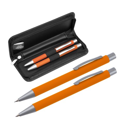 Juego de escritura naranja con bolgrafo y bolgrafo giratorio en estuche.