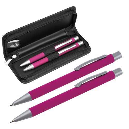 Juego de escritura rosa con bolgrafo, pluma roller y estuche con cremallera.
