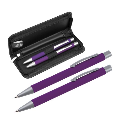 Set de escritura prpura con bolgrafo y estuche.