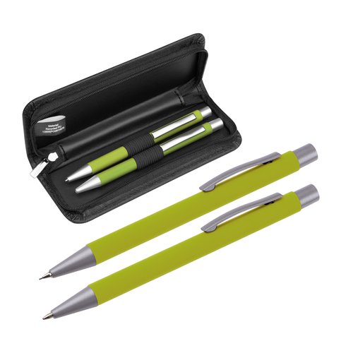 Set de escritura verde manzana con bolgrafo y estuche.