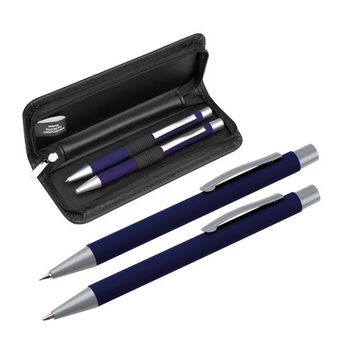 Juego de escritura azul oscuro con bolgrafo, roller y estuche con cremallera.