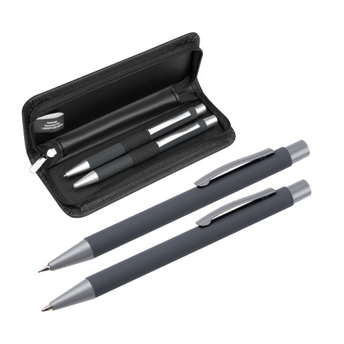 Juego de escritura antracita con bolgrafo, lpiz y estuche con cremallera.