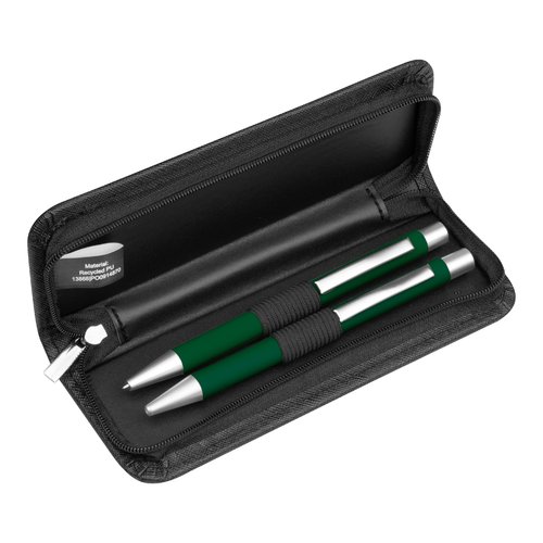 Set de escritura verde oscuro de cuero PU con cremallera.