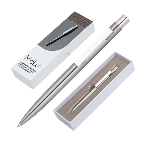 Bolgrafo de acero inoxidable gris plateado con clip.