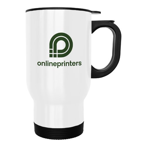 Taza trmica de acero inoxidable con asa y tapa de plstico.