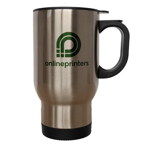 Vaso isotrmico de metal con tapa y asa.