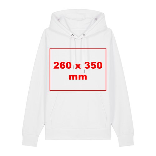 Sudadera blanca de tela con capucha y bolsillo de canguro.