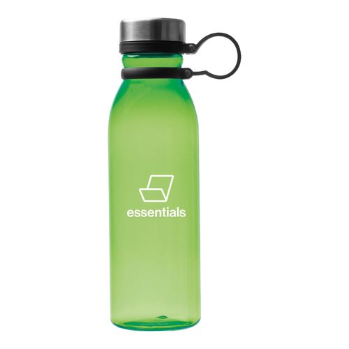 Botella de agua verde manzana con tapn de rosca y asa de transporte.