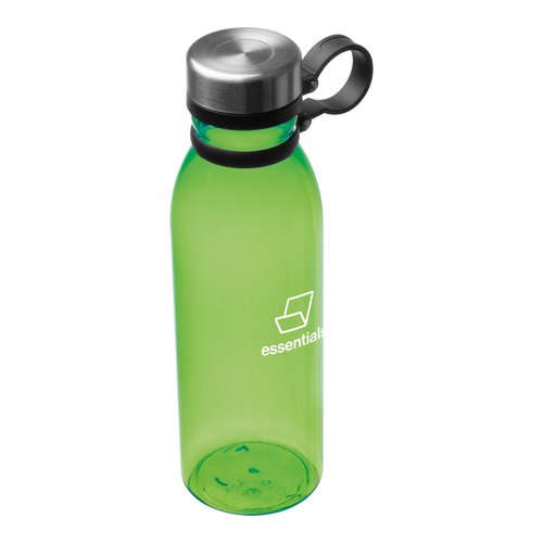 Botella de agua de plstico verde manzana con tapn de rosca y asa de transporte.