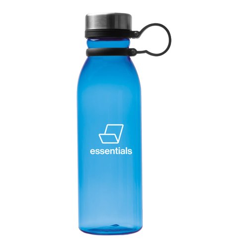 Botella de agua de plstico azul claro con tapn de rosca y asa de transporte.