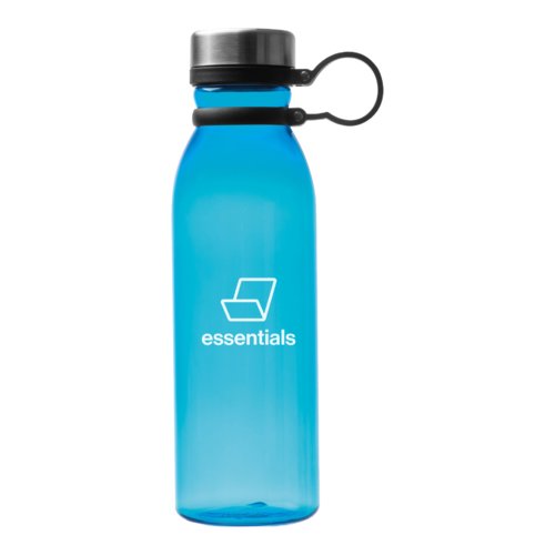 Botella de agua de plstico azul con tapn de rosca.