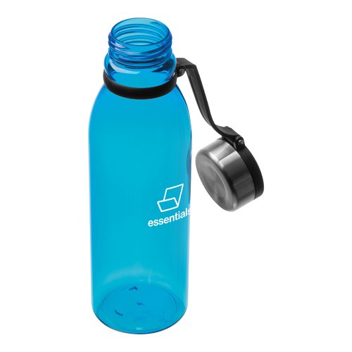 Botella de agua azul de plstico con tapn de rosca.