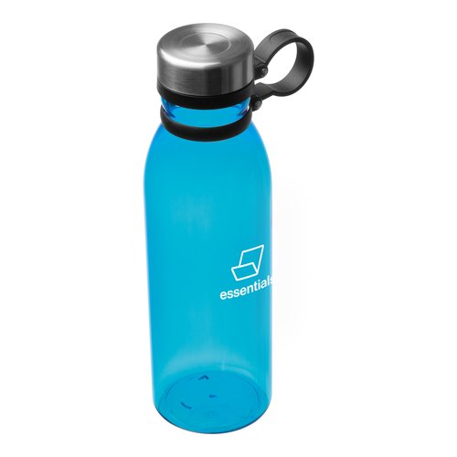 Botella de agua azul de plstico con tapn de rosca y asa de transporte.