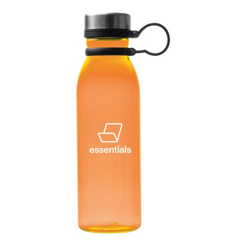 Botella de agua de plstico naranja con tapn de rosca y asa de transporte.