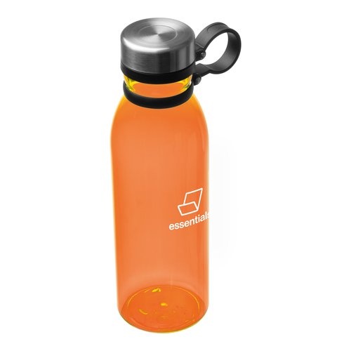 Botella de agua naranja de plstico con tapa y asa de transporte.