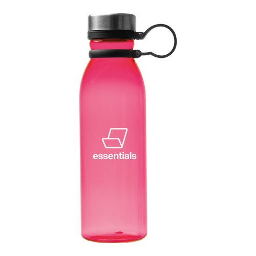 Botella de agua roja de plstico con tapn de rosca y asa de transporte.