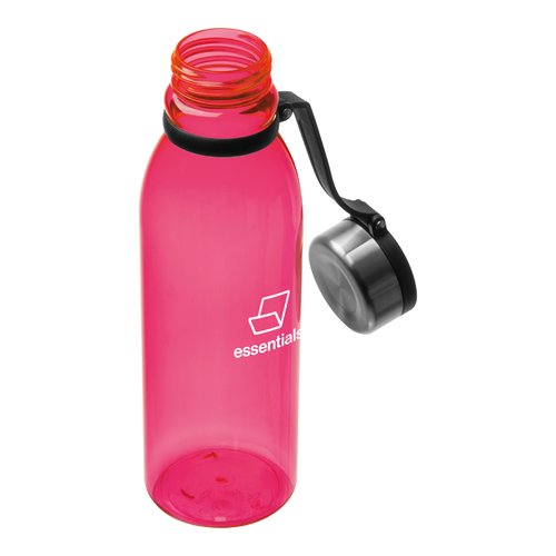 Botella de agua roja de plstico con tapn de rosca.