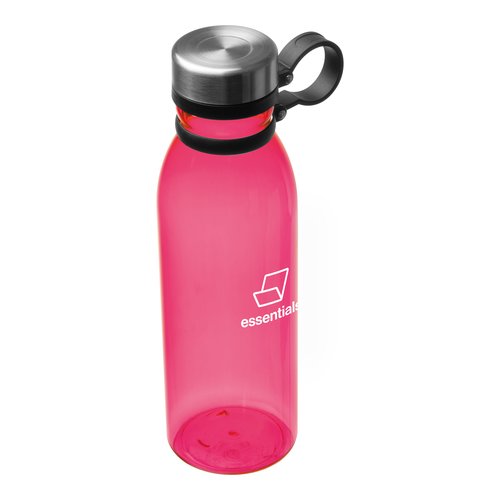 Botella de agua roja de plstico con tapn de rosca y asa.