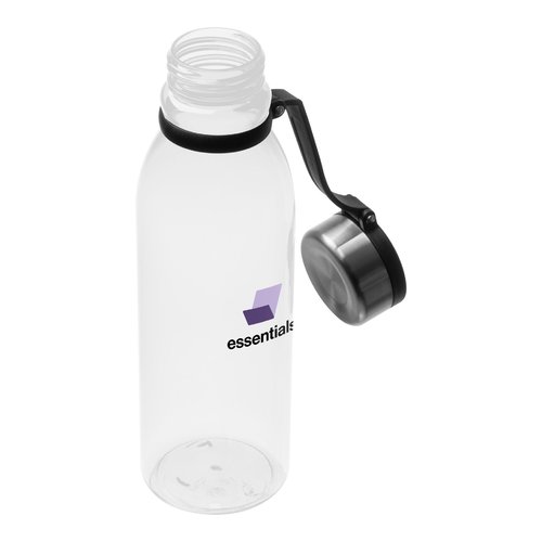 Botella de agua transparente de plstico con tapn de rosca.