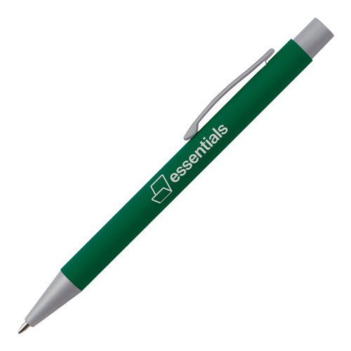 Bolgrafo de plstico verde con detalles metlicos y clip.