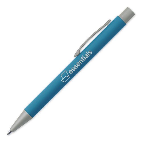 Bolgrafo de plstico azul claro con clip y botn pulsador.