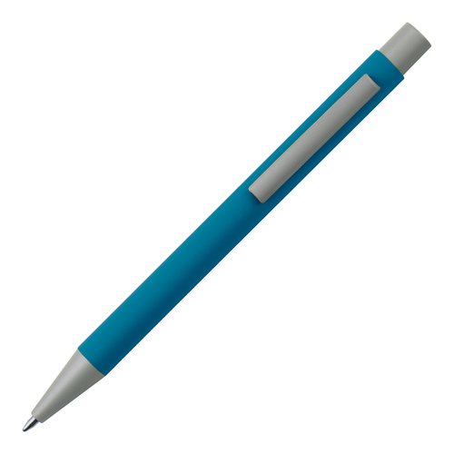 Bolgrafo azul claro con clip y botn pulsador.