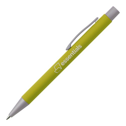 Bolgrafo de metal verde manzana con clip y botn pulsador.