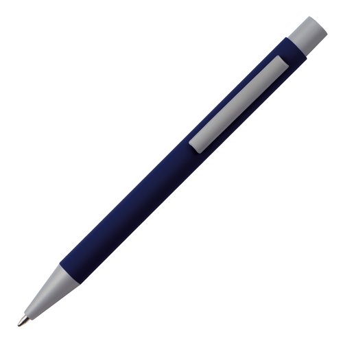 Bolgrafo azul oscuro con clip y botn pulsador.