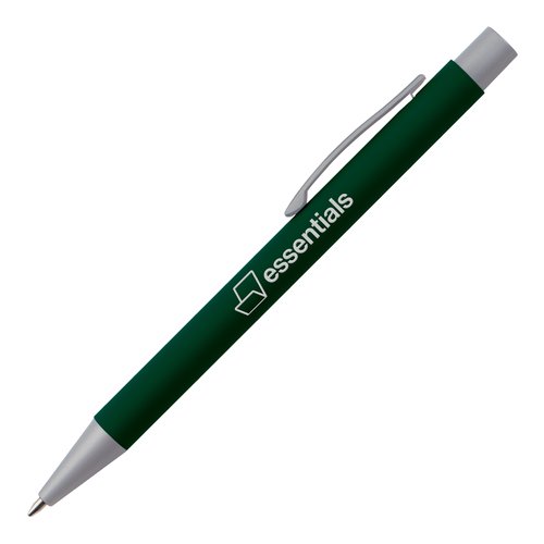 Bolgrafo de color verde oscuro con clip y mecanismo de pulsacin.