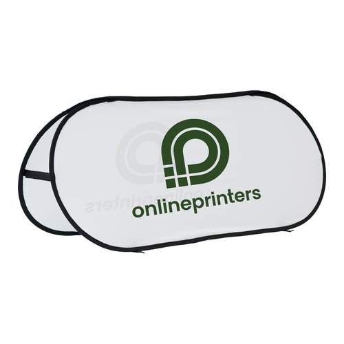 Banner de playa textil blanco en orientacin horizontal.