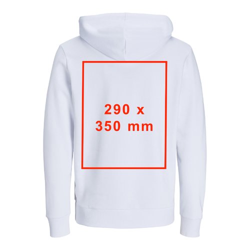 Sudadera blanca de tela con capucha y cordn ajustable, corte unisex.