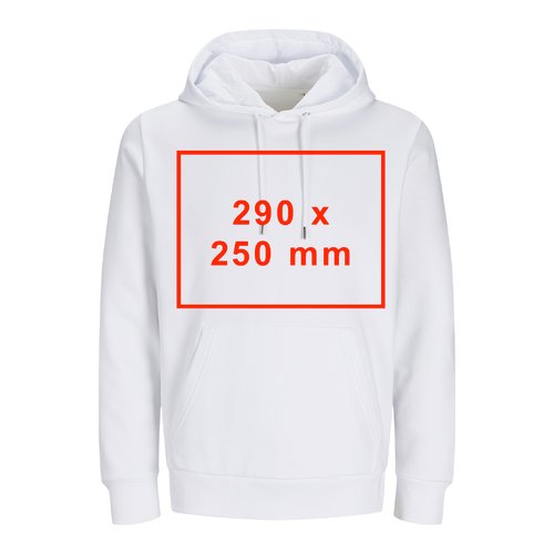Sudadera unisex blanca de tela con capucha y bolsillo canguro.