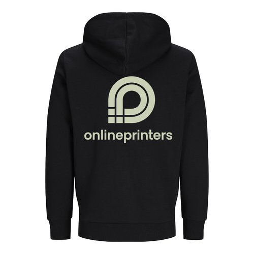 Chaqueta sudadera negra con capucha de algodn orgnico y polister reciclado.